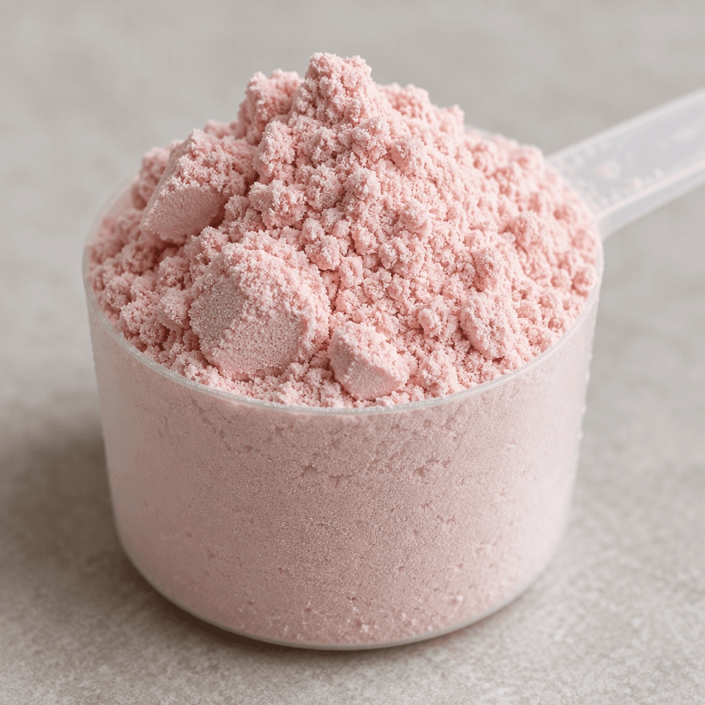 A mound of fine, pale pink whey protein powder with a soft, slightly clumpy texture, loosely heaped in a small scoop.