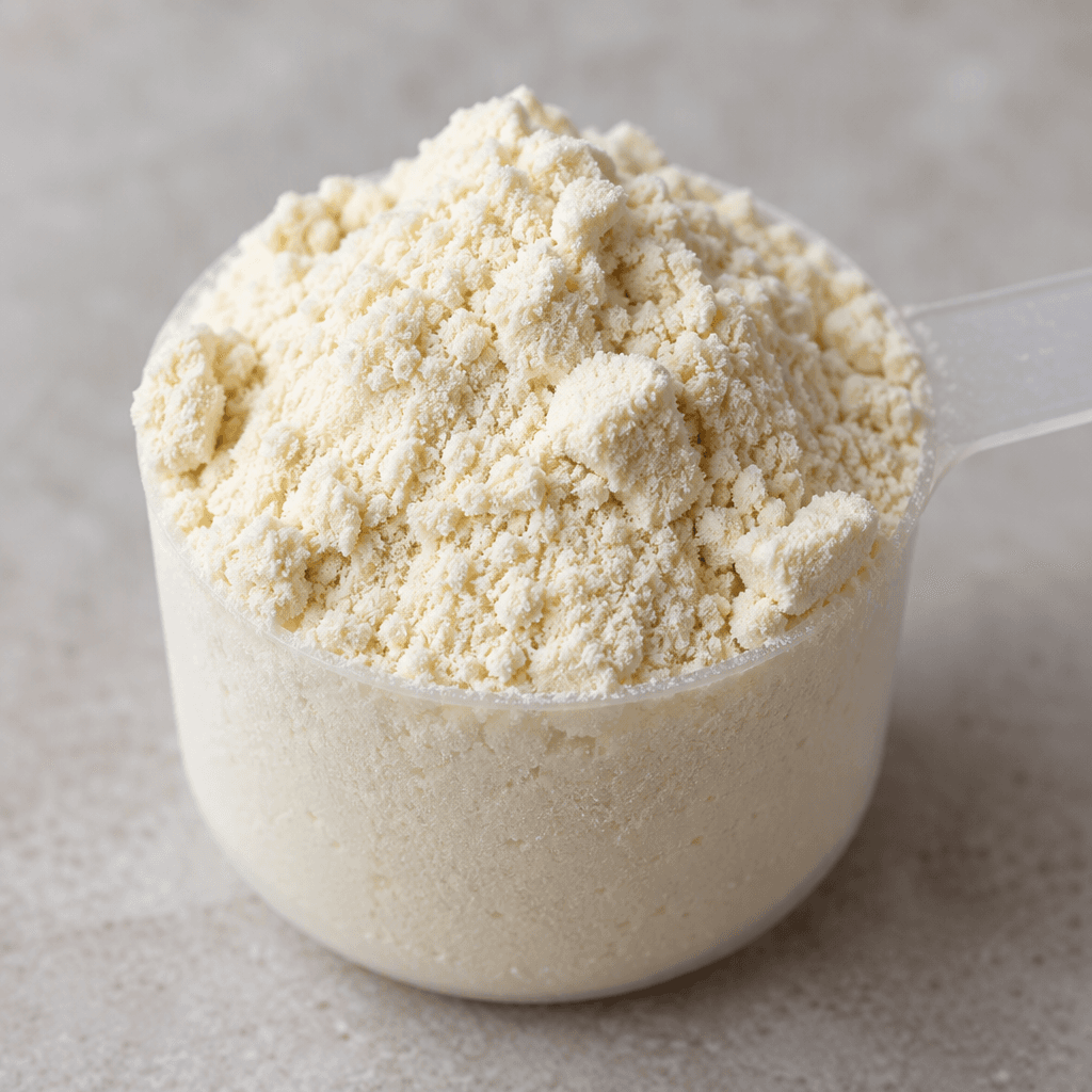 A small mound of fine, pale cream-colored protein powder with a soft, slightly clumpy texture sits in a scoop.