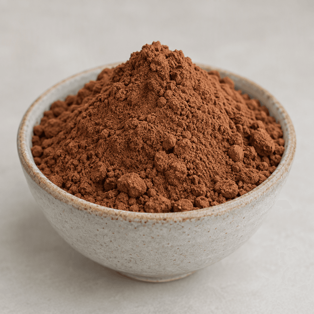 A mound of fine, dry cocoa-brown powder with a soft, slightly clumpy texture, served loose in a small bowl.