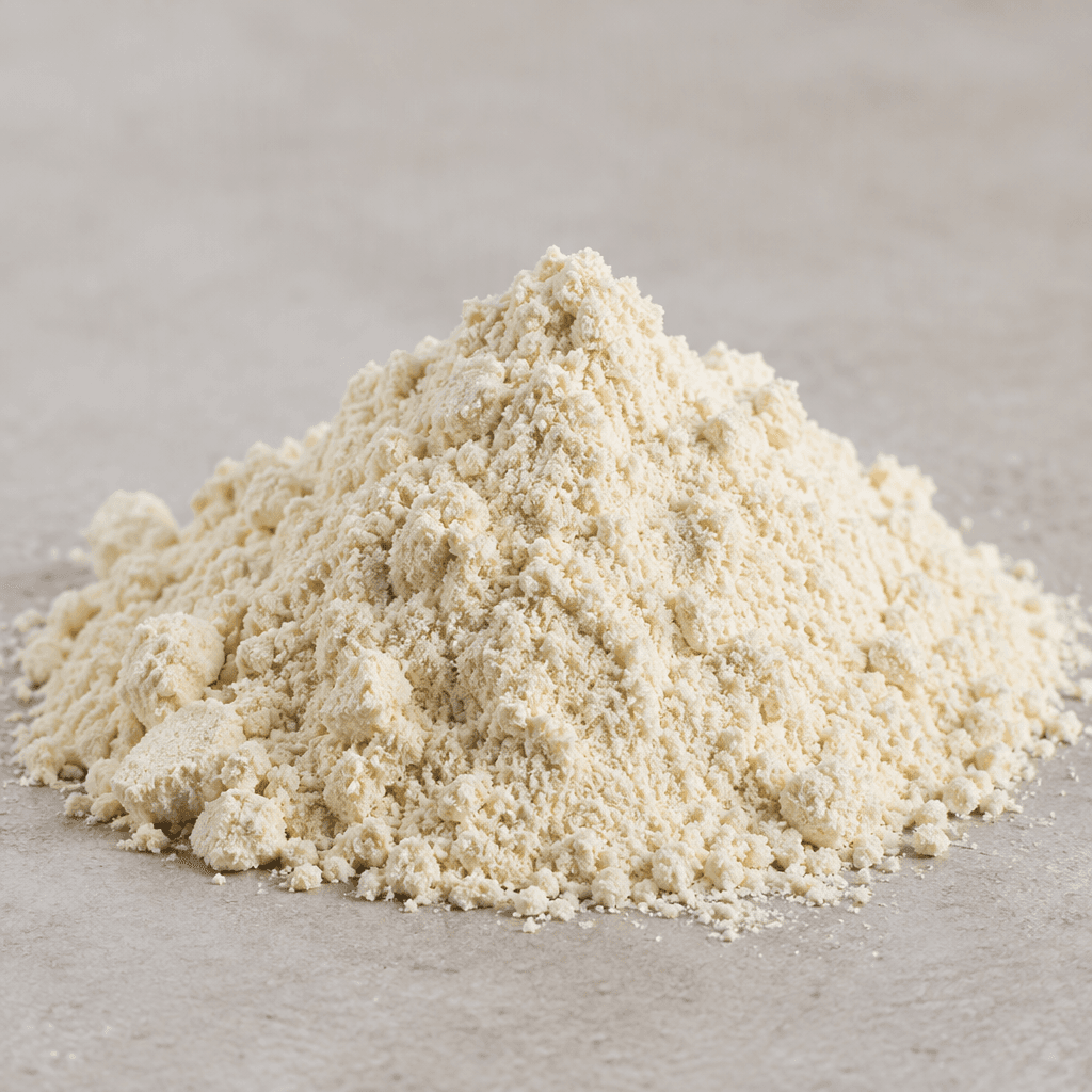 A small mound of pale cream-colored protein powder sits on a surface, with a fine, dry, slightly grainy texture.