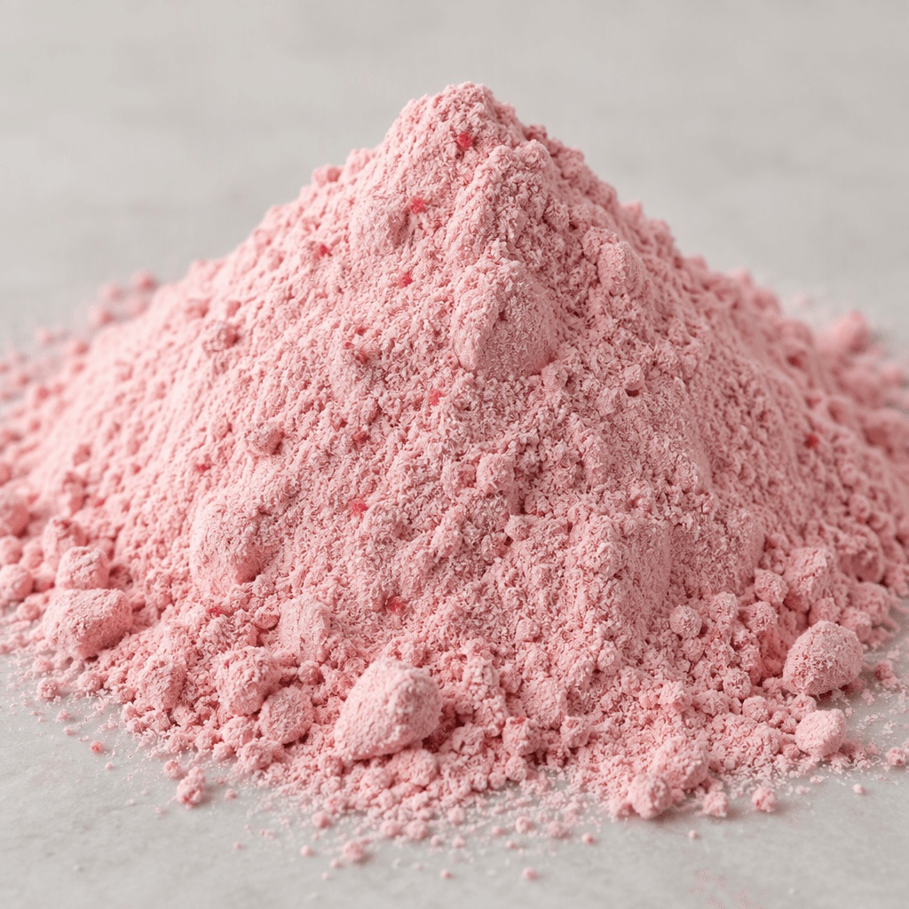 A mound of fine, soft pink strawberry protein powder with a smooth, dry texture and a few tiny darker pink flecks.