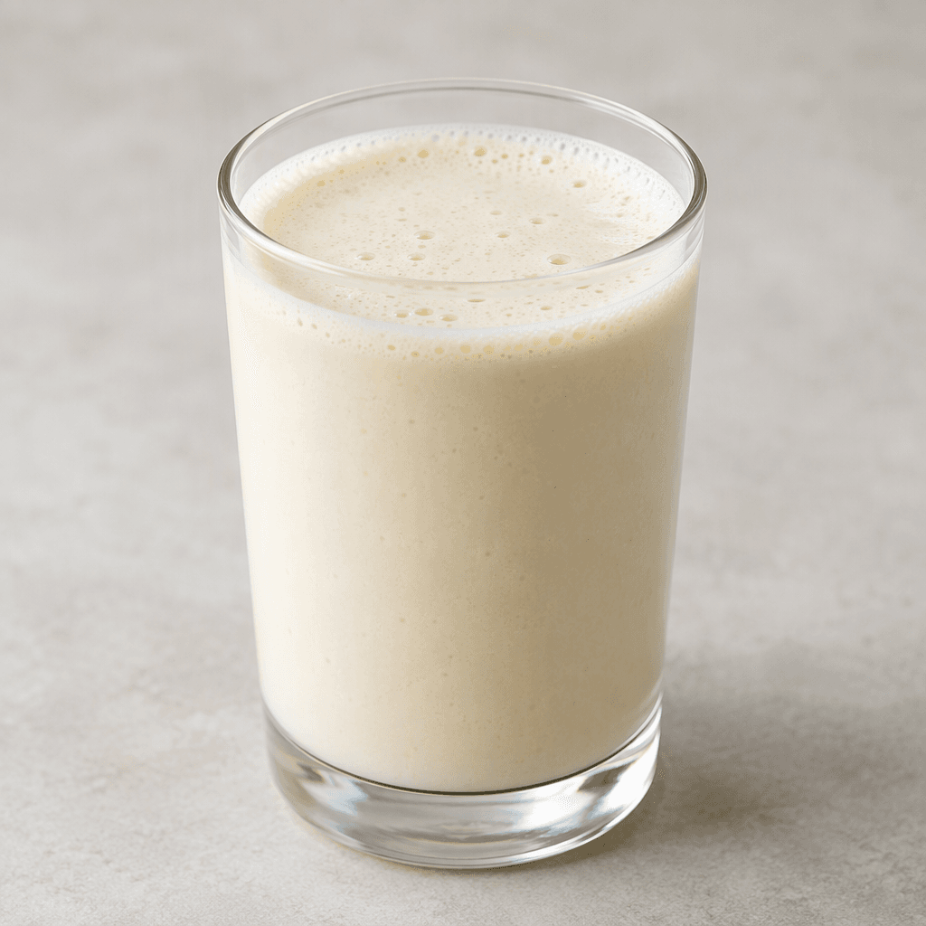 A smooth, pale cream-colored protein drink sits in a clear glass, with a few small bubbles and a light layer of foam on the surface.