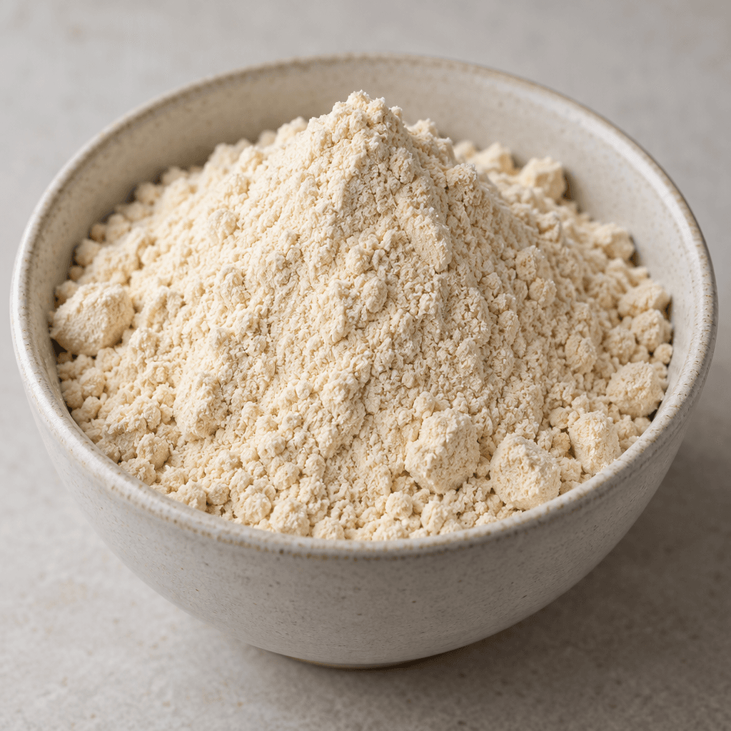 A mound of pale beige, finely milled powder with a few small clumps sits in a plain bowl.