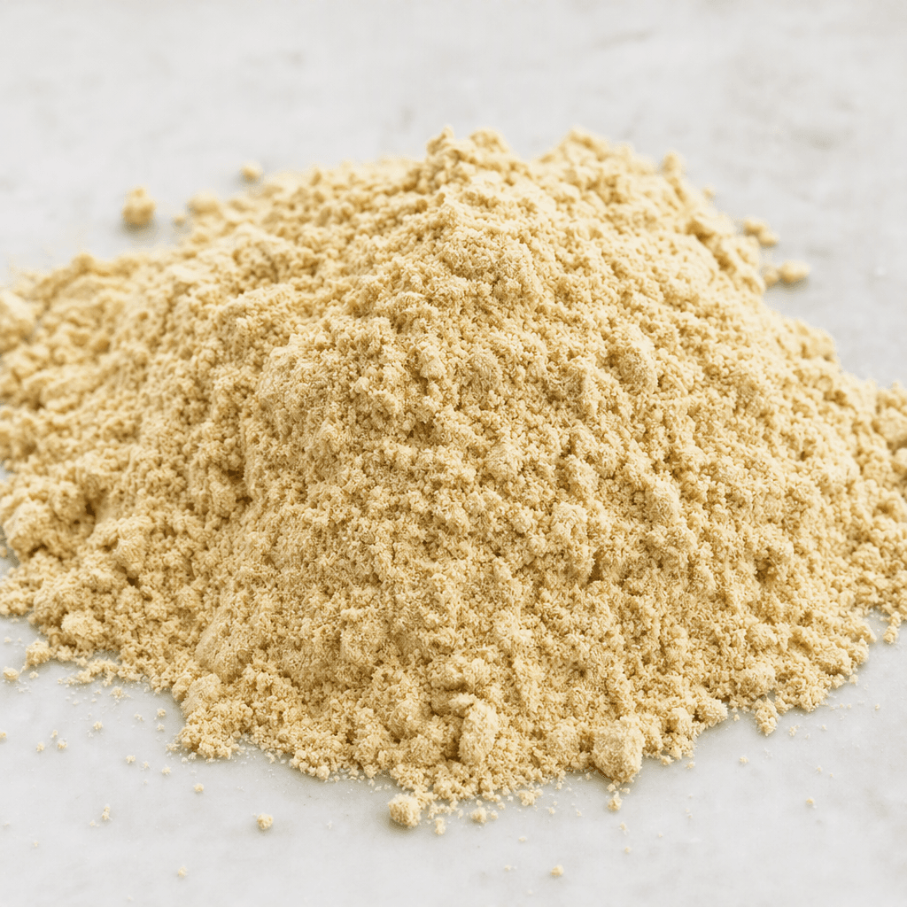 A loose mound of pale beige powder with a fine, slightly clumpy texture.