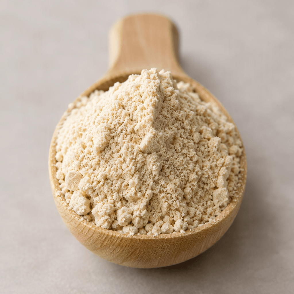 A loose mound of pale beige powder with a fine, slightly grainy texture sits in a scoop.