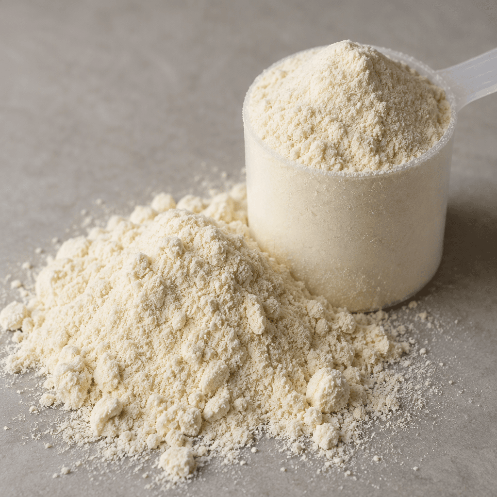 A mound of pale cream-colored, finely milled powder with a few small clumps sits beside a scoop filled with the same powder.