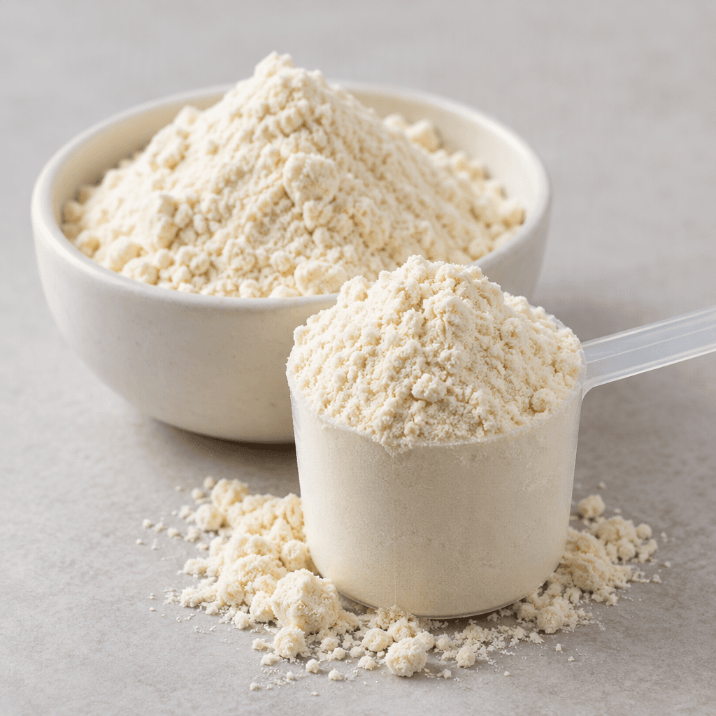 Pürüzsüz, kuru ve hafif topaklanan dokuda, açık krem renkli ince peynir altı suyu protein tozu, aynı tozun bulunduğu küçük bir kasenin yanında bir ölçek içinde gevşekçe yığılmış halde.