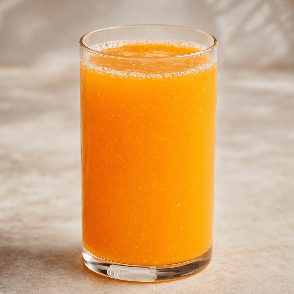 Bright orange, slightly cloudy juice with fine pulp suspended throughout, served in a clear cylindrical drinking glass and topped with a thin layer of tiny bubbles.