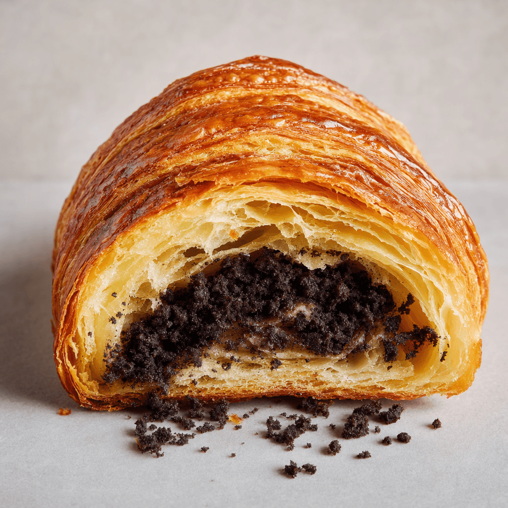 A golden-brown, crescent-shaped croissant with crisp, flaky layers is split open to show a thick dark cookie-crumb filling, with a few crumbs scattered beside it.