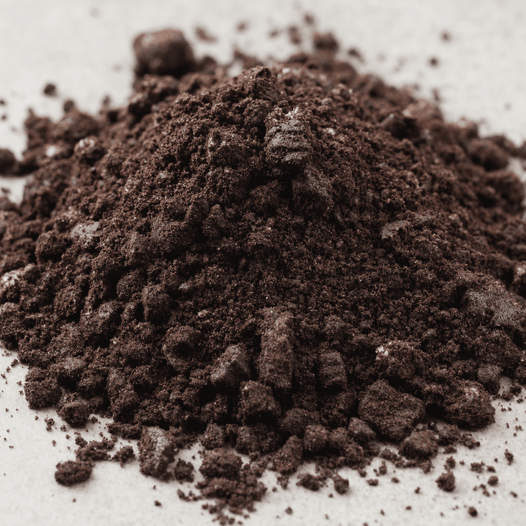 Dark brown to nearly black cookie crumbs form a loose pile, with a mix of fine powder and small, irregular crunchy pieces.