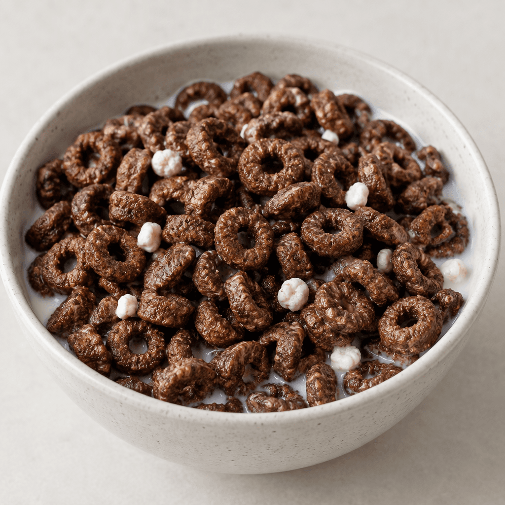 Dark brown, crunchy-looking ring-shaped cereal pieces with a few small white bits are piled in a bowl of milk.