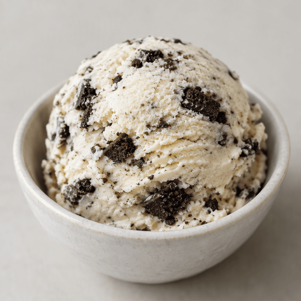 A rounded scoop of pale cream-colored ice cream is speckled with dark chocolate cookie chunks and crumbs, served in a small dish.