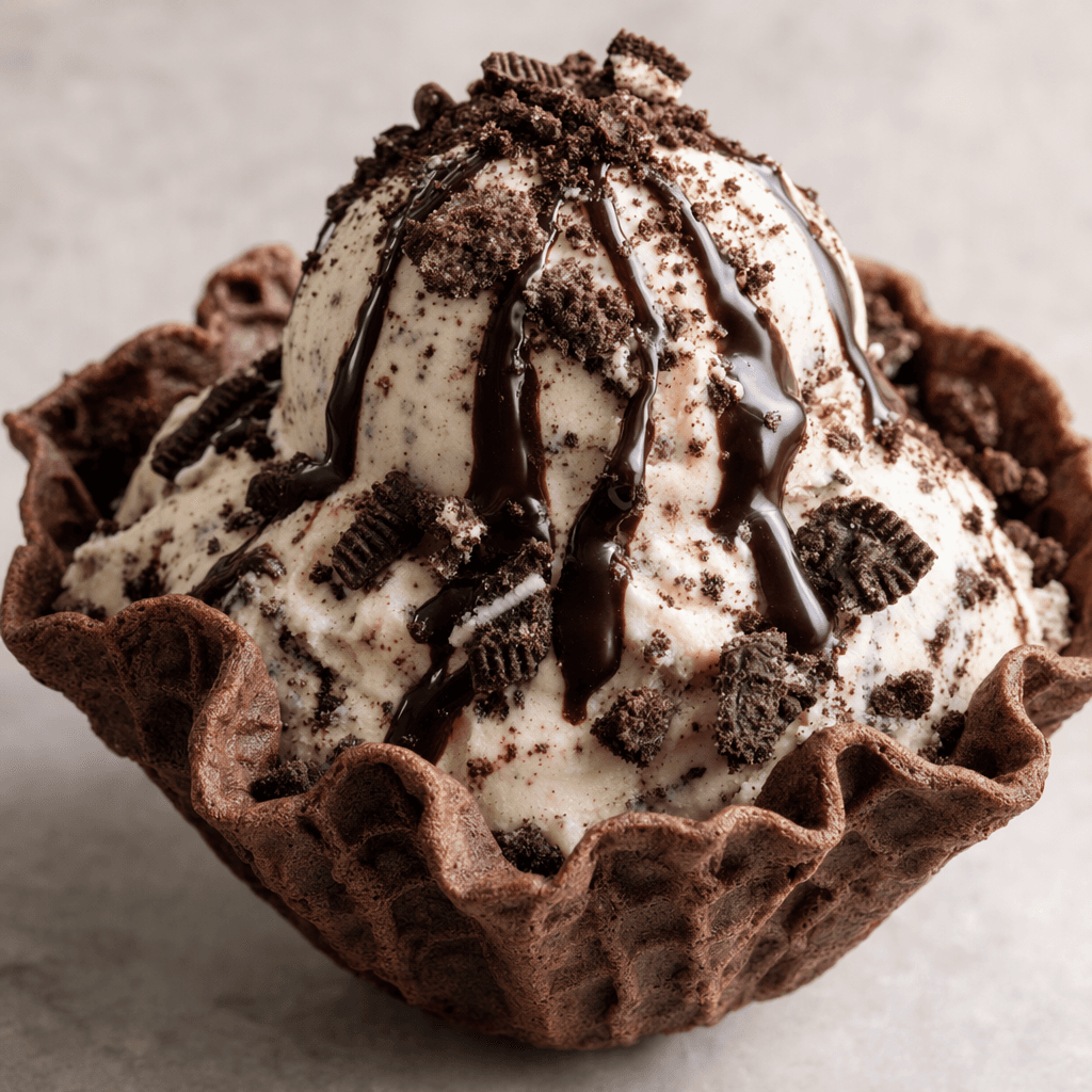 A dark cocoa waffle bowl with a crisp, ridged surface holds scoops of pale ice cream, topped with crushed chocolate sandwich-cookie crumbs and a drizzle of chocolate sauce.