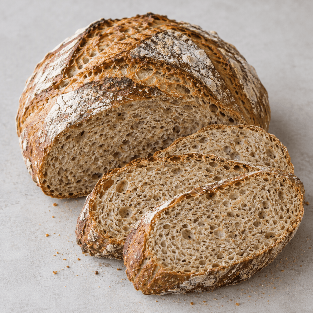 A rustic, irregularly shaped loaf with a deep golden-brown, flour-dusted crust, several shallow cuts across the top, and a coarse beige crumb visible in a few thick slices arranged beside it.