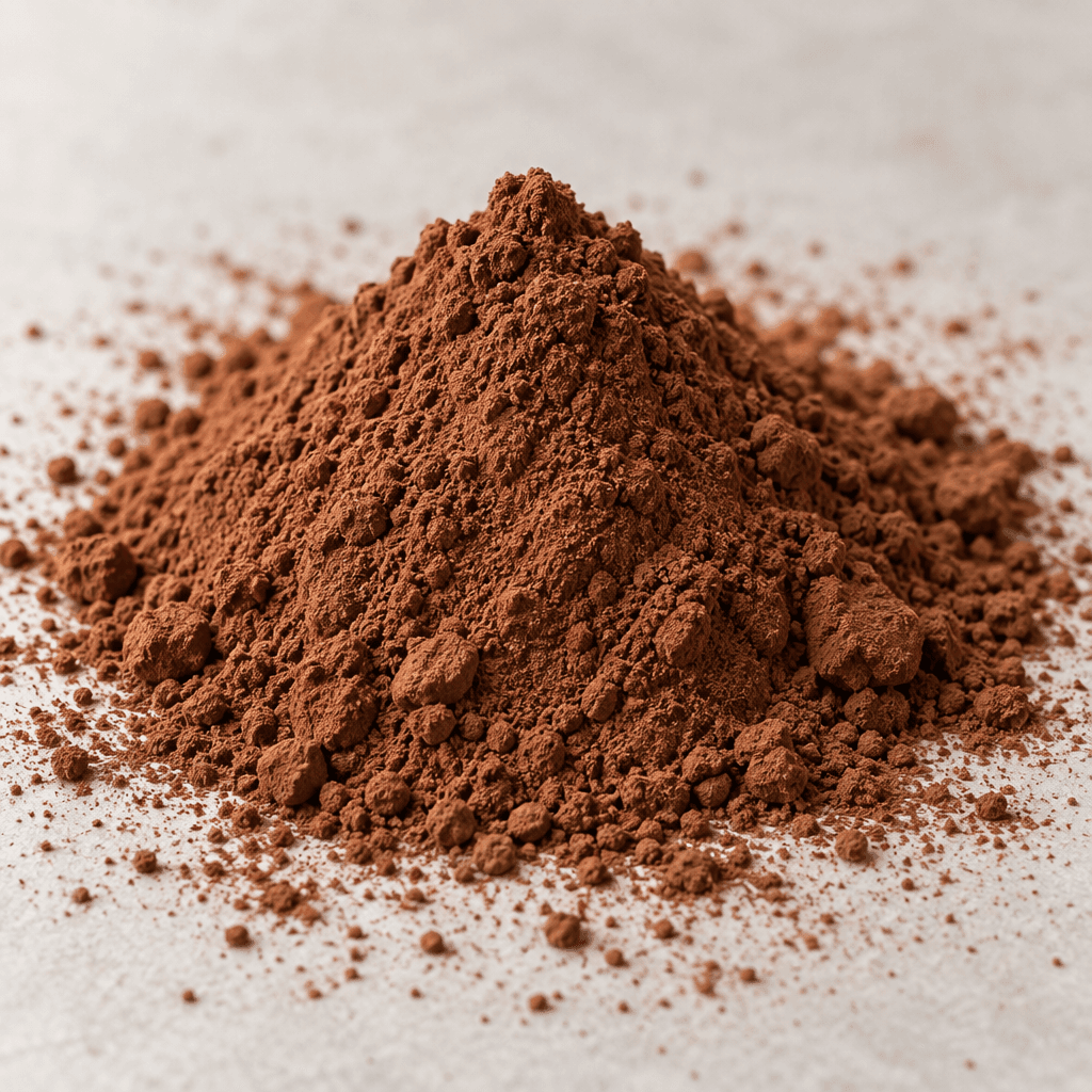 A small mound of fine, matte, deep-brown cocoa powder sits on a surface, with a light dusting of loose powder scattered around it.