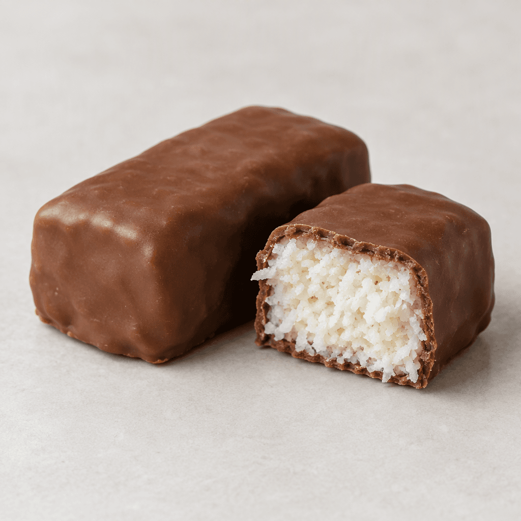 A small rectangular bar with a smooth milk-chocolate-brown coating and a dense white coconut filling flecked with fine shreds, shown whole beside a cut piece.