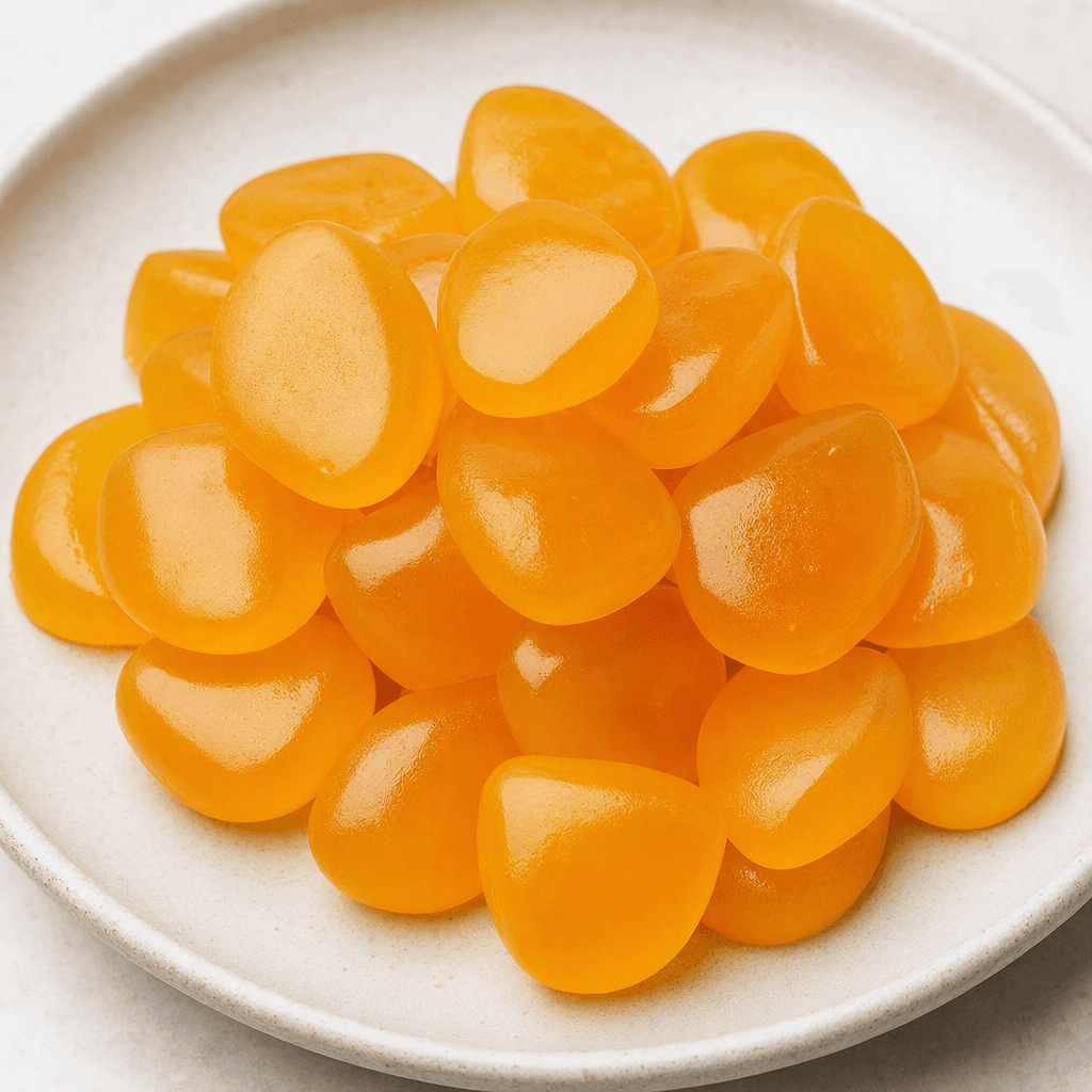 Yumuşak, yuvarlak hatlı, parlak ve yarı saydam turuncu-sarı mango jel şekerleri bir tabakta bir arada duruyor.