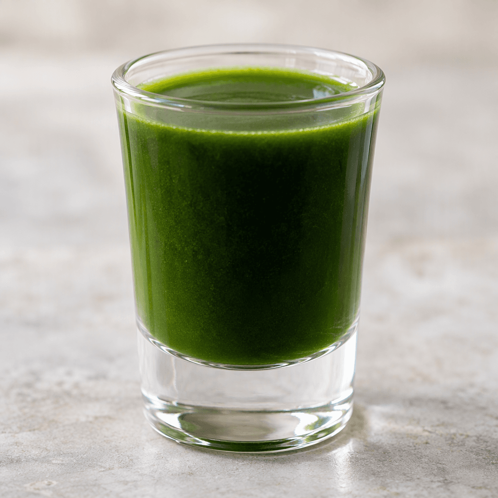 A small, opaque shot of deep green liquid is served in a clear, straight-sided glass, with a smooth surface and no visible garnish.