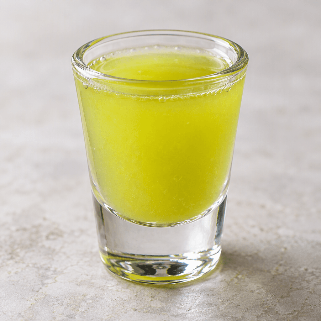 Küçük bir shot bardağında hafif bulanık, parlak sarı-yeşil bir sıvı bulunuyor.