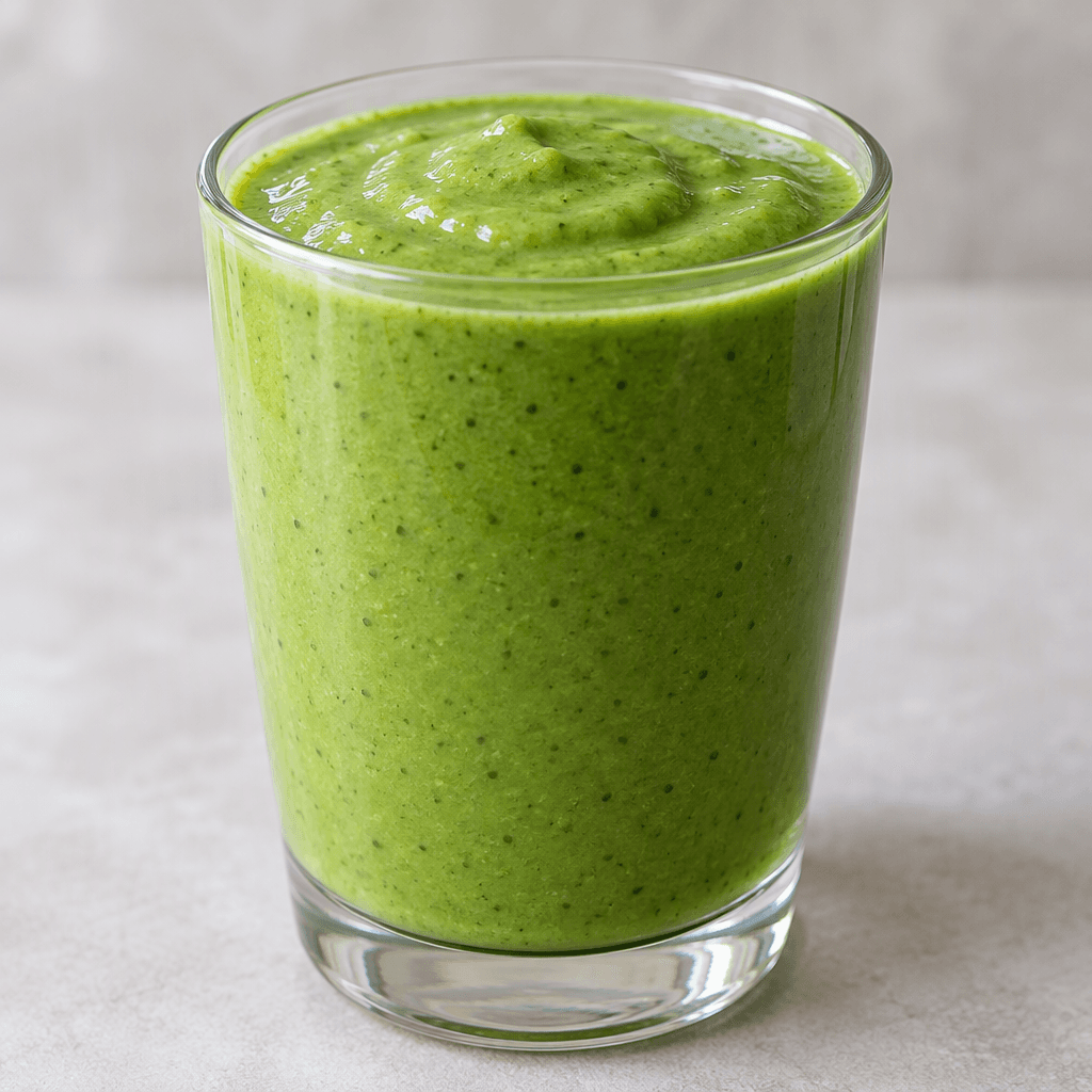 A thick, opaque green smoothie with a smooth, creamy surface and a few tiny darker green flecks, served in a clear glass.