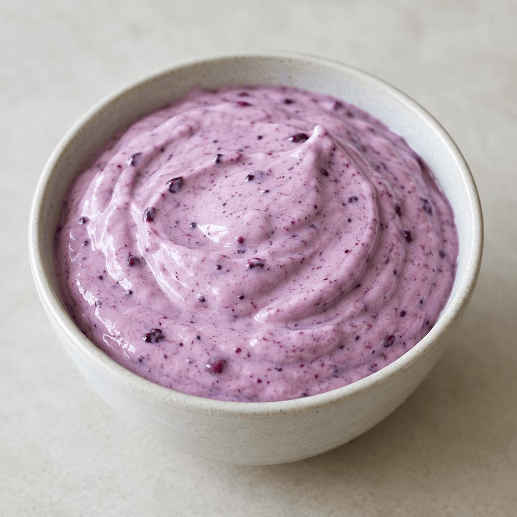 Thick, smooth, pale berry-purple yogurt with tiny dark fruit flecks is served in a small bowl.
