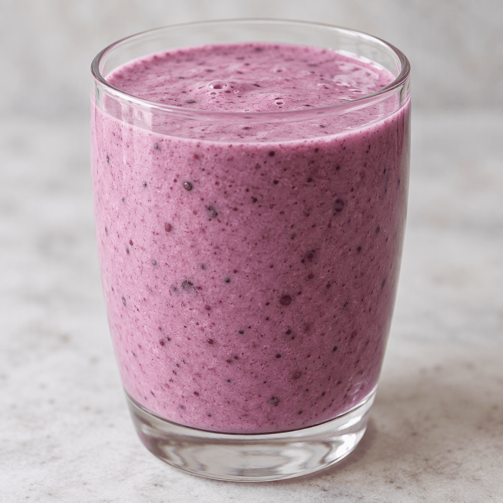 A smooth, opaque, pale berry-purple kefir with fine darker fruit flecks, served in a clear glass.