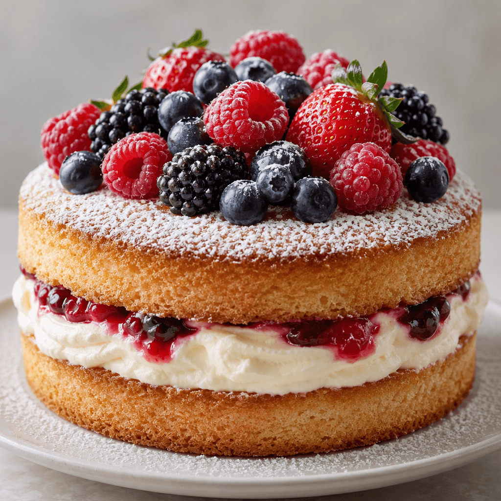 A small round cake with pale cream between soft-looking cake layers, topped with glossy red and dark purple berries and a light dusting of powdered sugar.