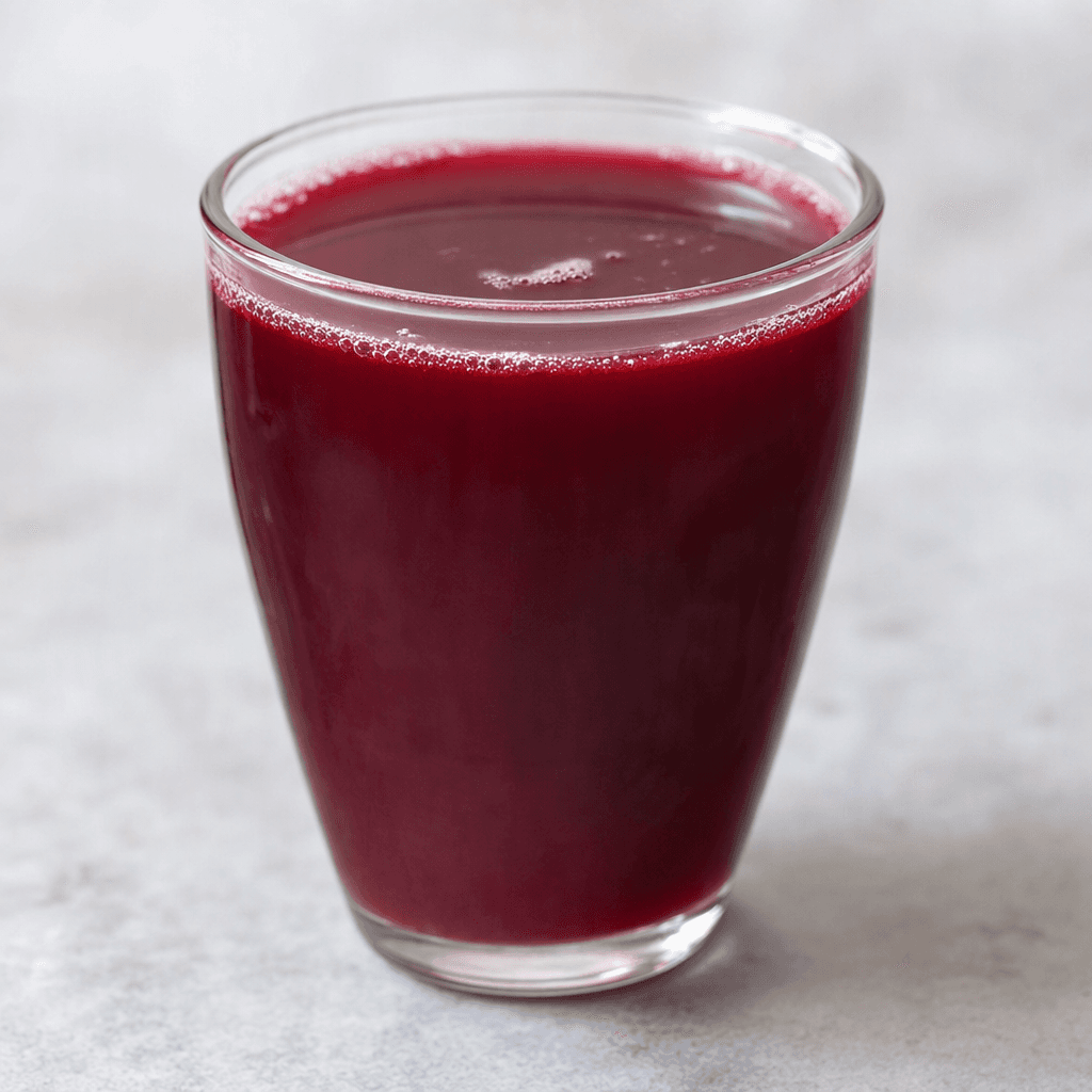 A glass of deep red-purple fruit drink, smooth and slightly translucent, with a few small bubbles near the surface.