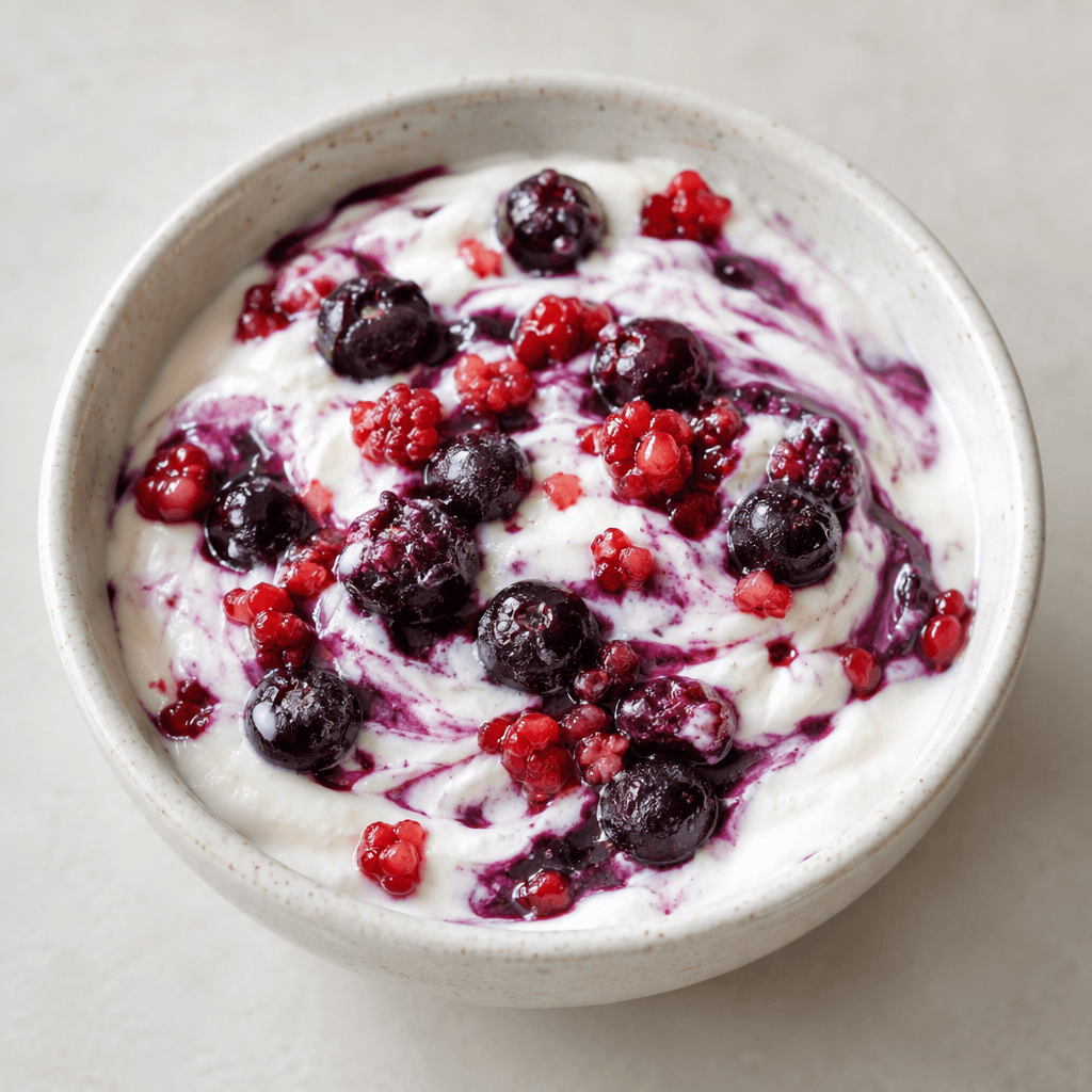 A serving of thick, smooth white yogurt topped with scattered dark purple berries and small red berry pieces, with streaks of deep violet fruit swirled through the surface.