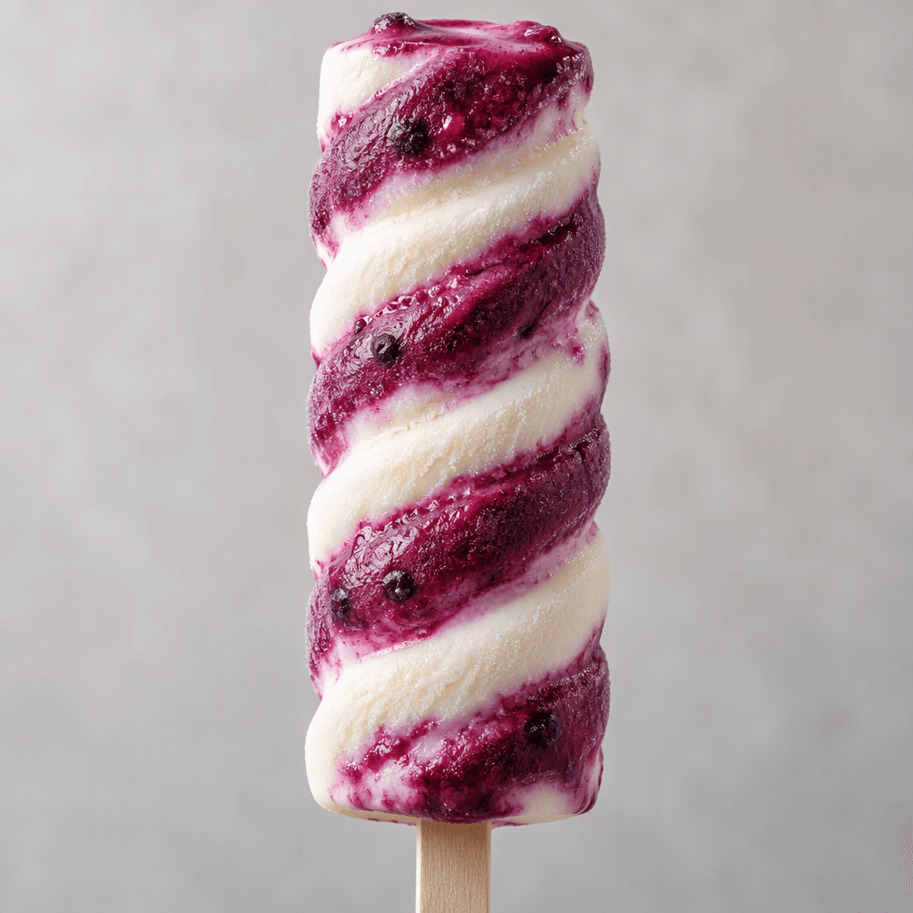 A long, ridged ice-cream bar with a vivid purple berry layer spiralling around pale creamy-white ice cream, served upright on a stick.