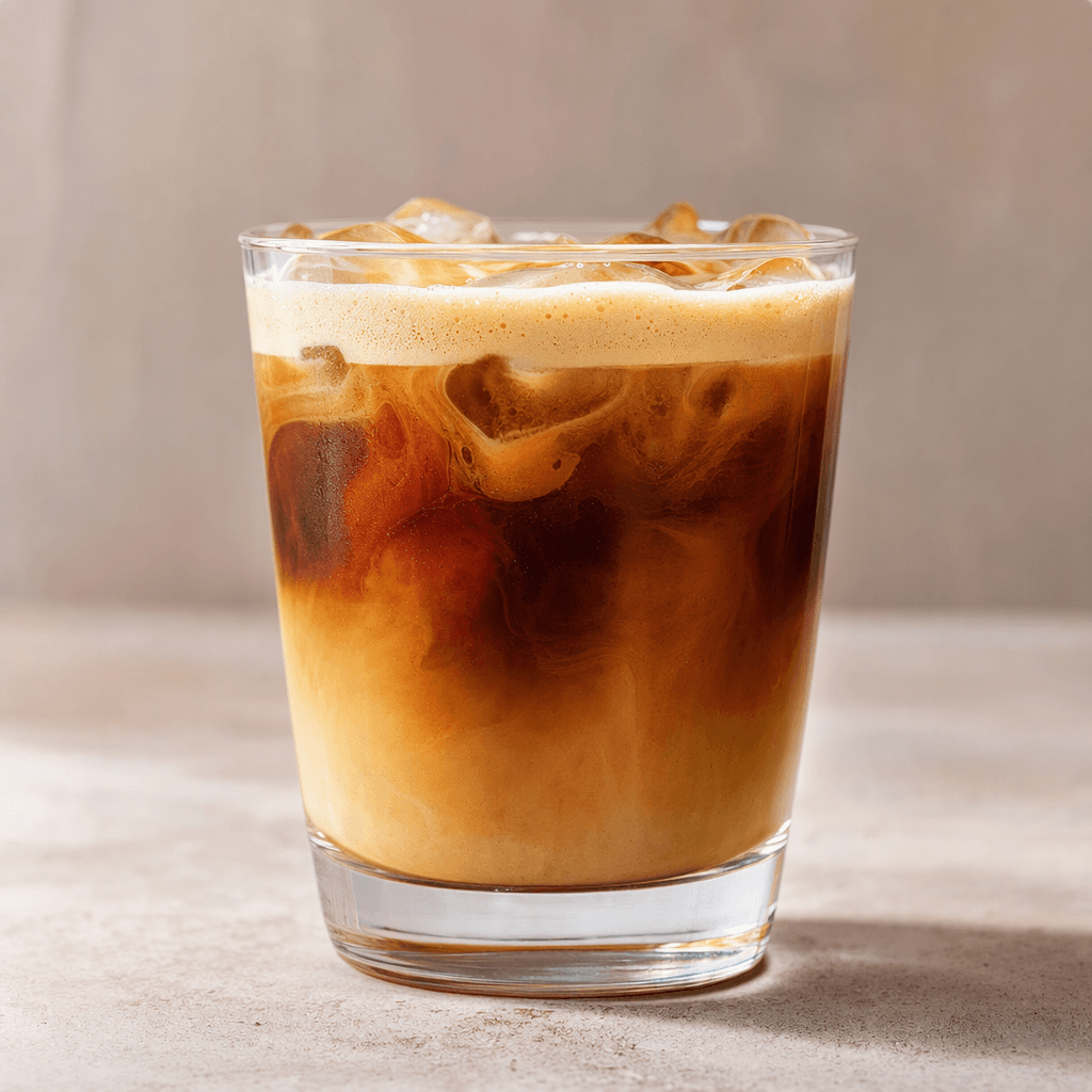 A medium clear glass filled with ice and a layered espresso drink, with dark coffee swirling through a warm brown base and a light tan, foamy layer on top.