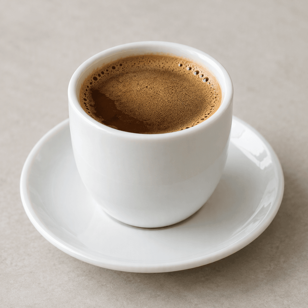 A small handleless porcelain cup filled with dark brown, opaque coffee topped by a thin layer of fine tan foam, with a few tiny bubbles around the edge, resting on a matching saucer.