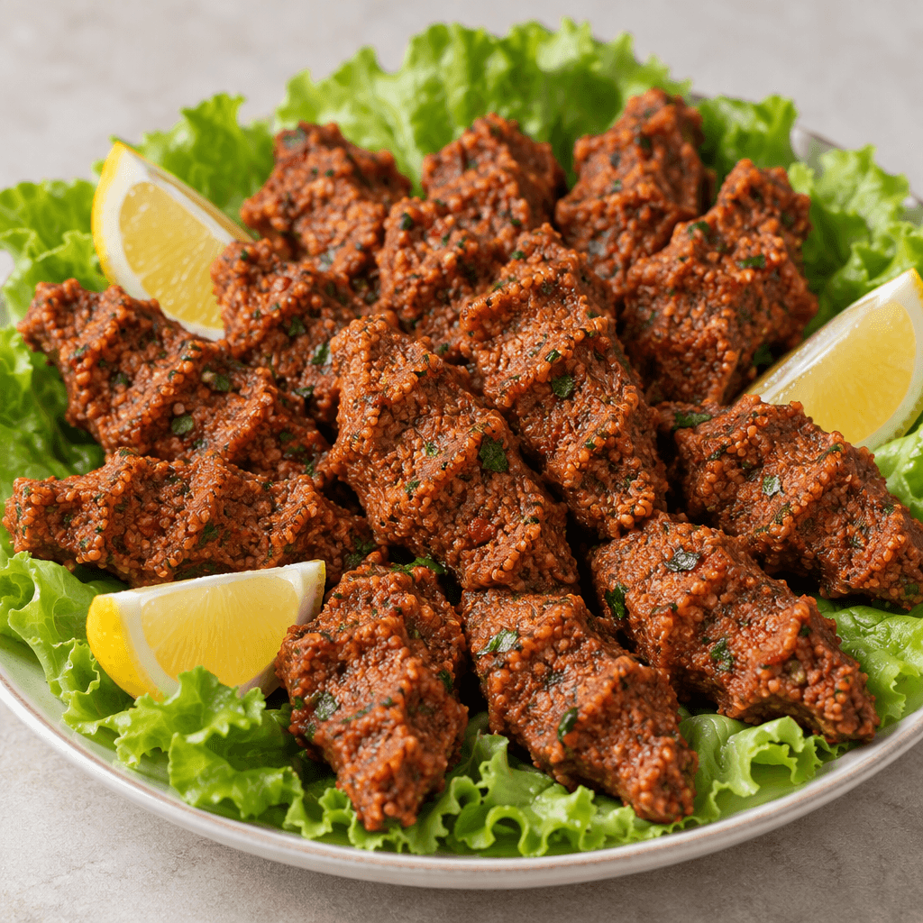 İnce taneli bulgur ve biber salçasından yapılan koyu kızıl kahverengi karışım, parmak biçiminde yivli parçalar hâlinde yeşil marul yapraklarının üzerinde limon dilimleriyle sunuluyor.