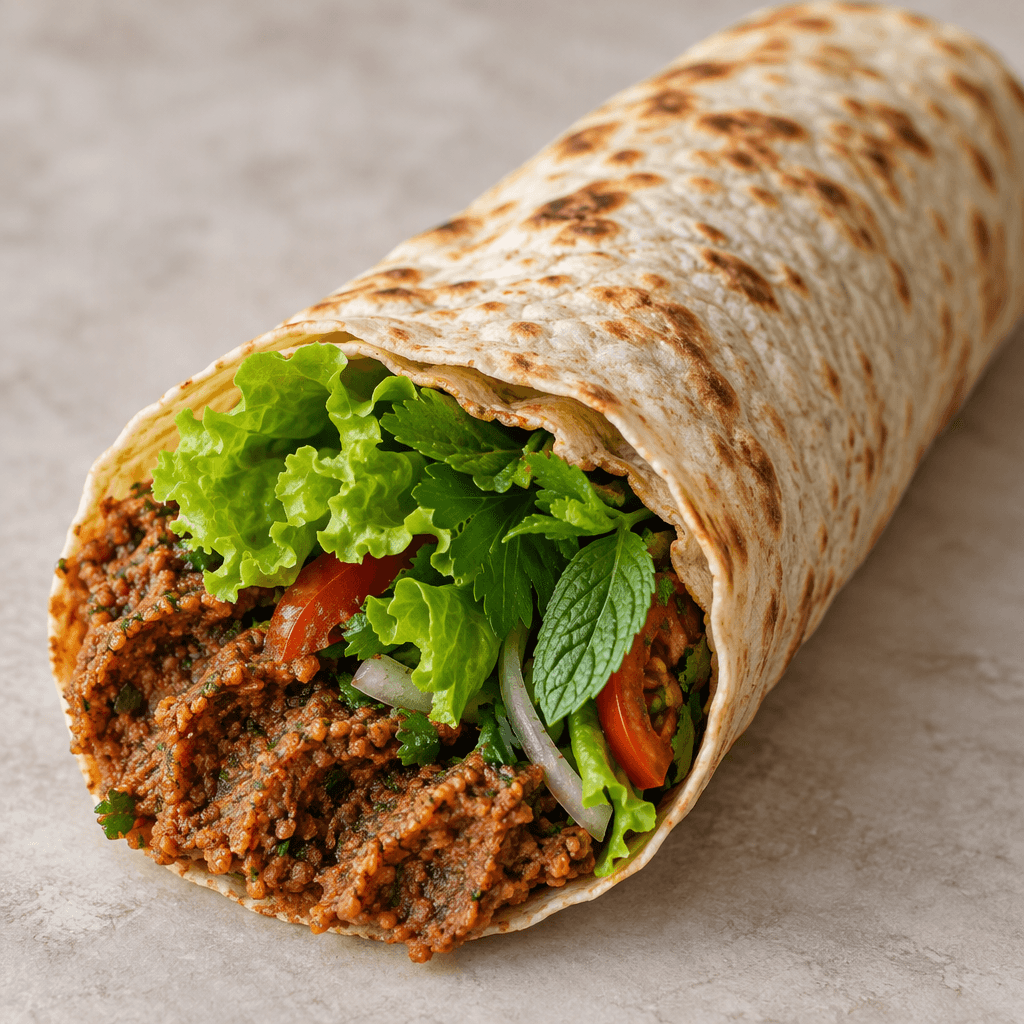 A large thin flatbread wrap is packed with ridged reddish-brown bulgur paste, bright green lettuce and herbs, then folded into a long, substantial roll with some of the filling visible at the open end.
