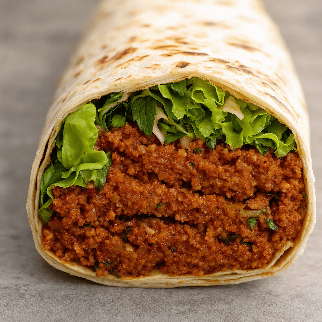 A large thin flatbread wrap is rolled around a dense reddish-brown bulgur filling with a finely grainy, ridged surface, with bright green lettuce and herbs peeking from the cut end.