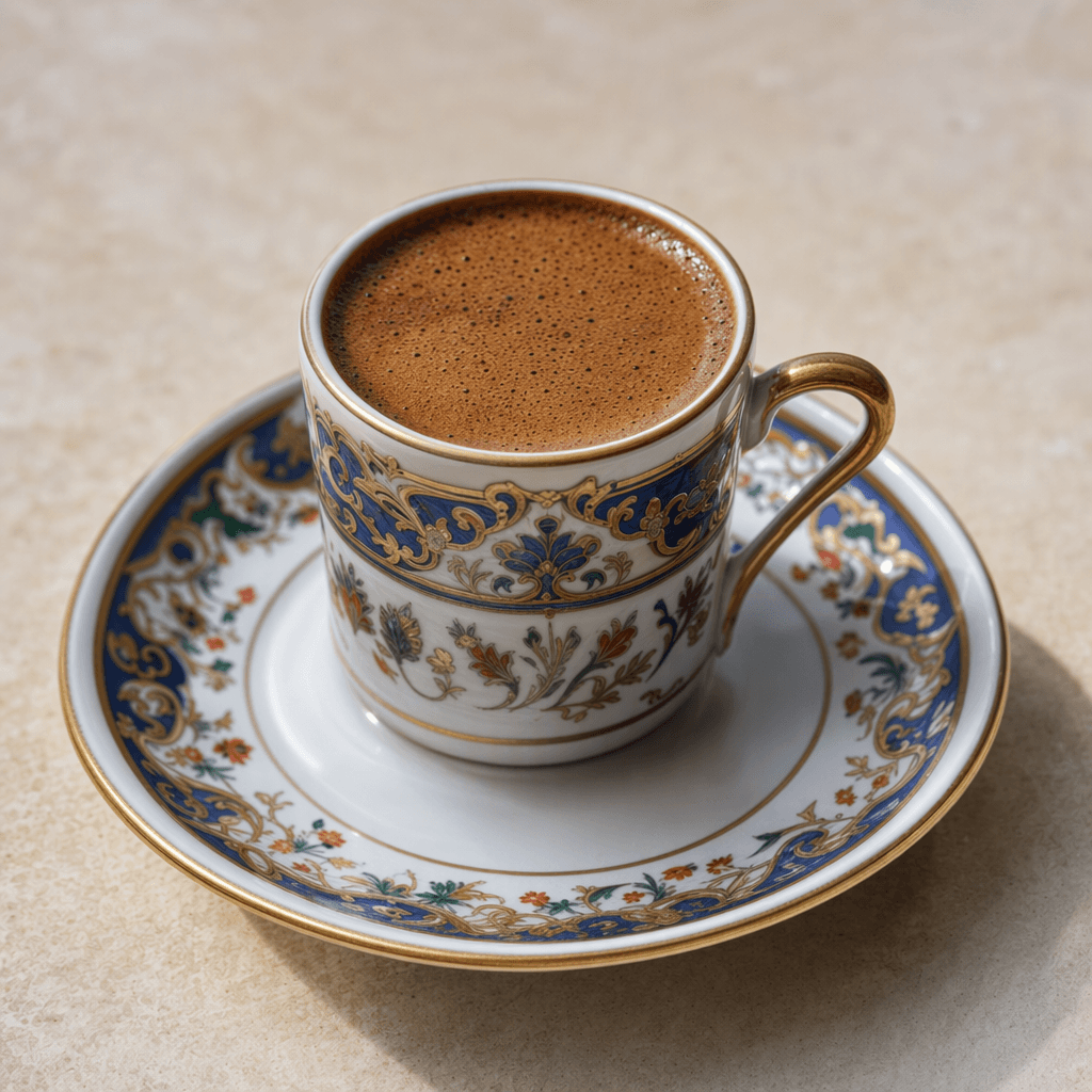 Küçük bir fincanı koyu, neredeyse opak kahverengi kahve doldurur; üzerinde ince, açık kahverengi köpük tabakası vardır ve fincan tabağında sunulur.
