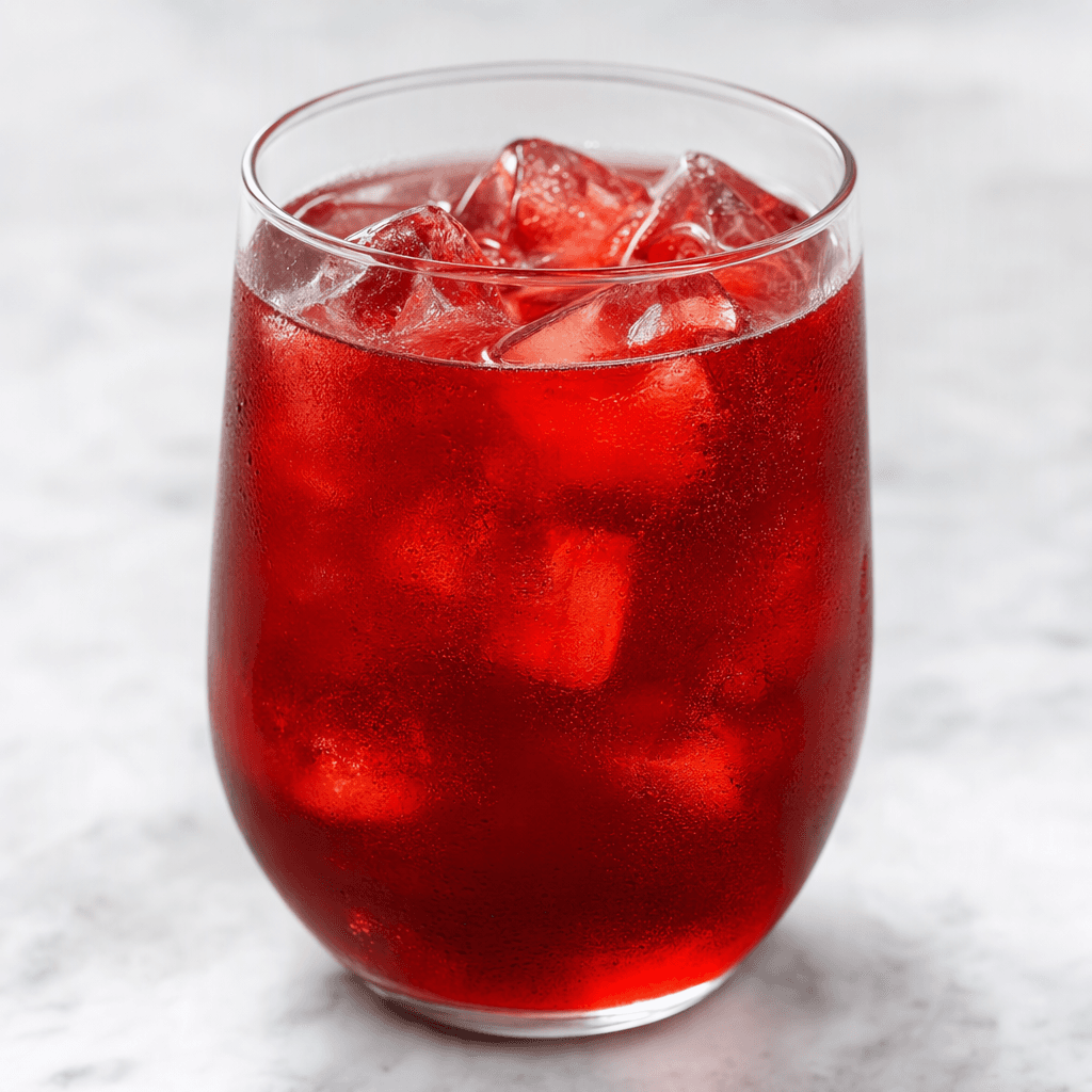 A translucent deep ruby-red drink served in a clear glass, with a few ice cubes visible through the liquid.