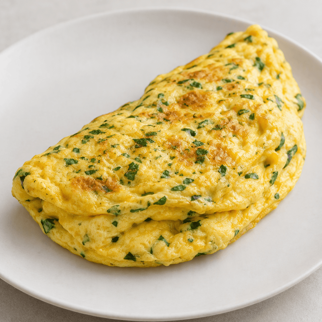 İnce kıyılmış yeşil otlarla beneklenmiş, kalın ve yumuşakça katlanmış altın sarısı bir omlet, hafif pürüzlü yüzeyi görünecek şekilde sade bir tabakta servis edilir.
