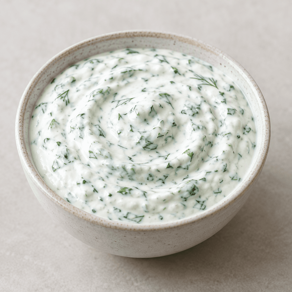 A thick, smooth white yogurt sauce flecked with finely chopped green herbs, served in a small bowl with a gently swirled surface.