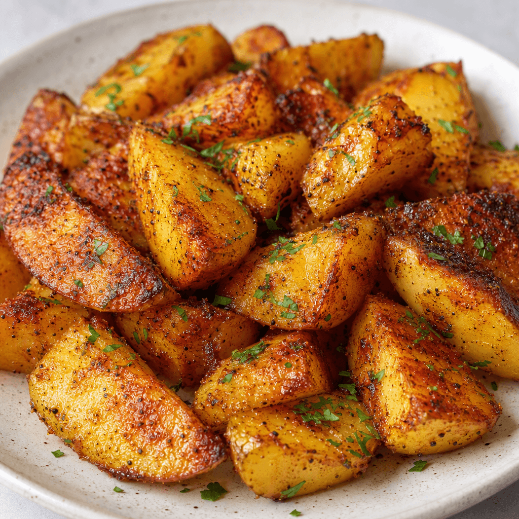 Golden-brown potato wedges and chunks with crisp, darkened edges, speckled with red paprika, black pepper, and green herbs, arranged in a rustic pile on a light-colored serving dish.