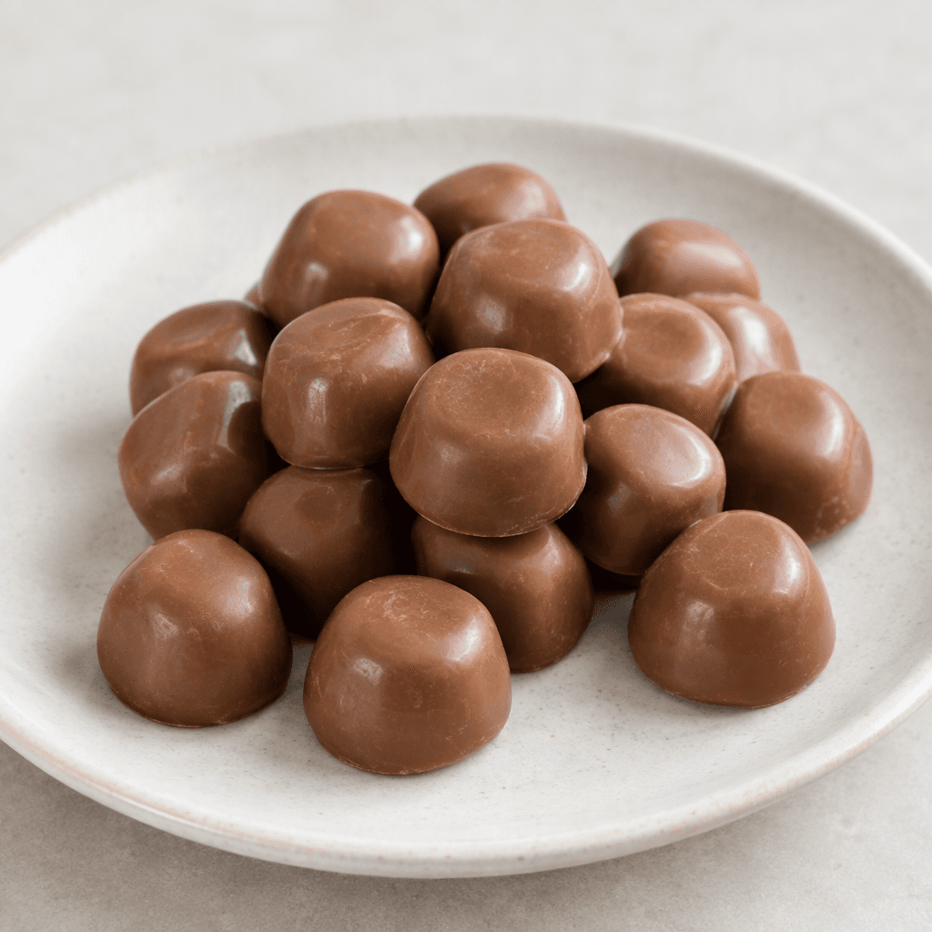 Small, smooth, rounded milk-chocolate candies with a light-brown surface, arranged together on a plate.