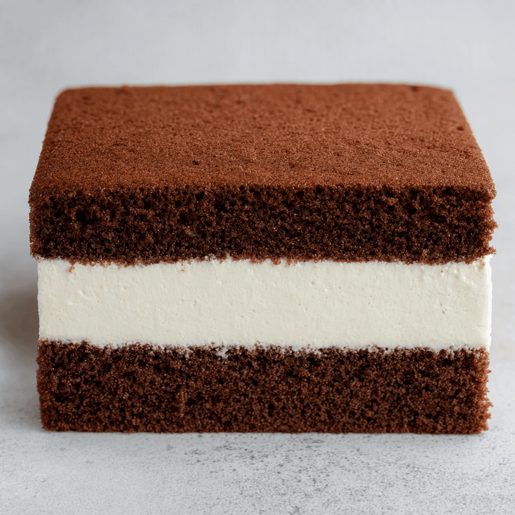 A small rectangular slice of dark cocoa sponge cake is layered around a thick white cream filling, with soft, slightly porous cake edges and a smooth top.