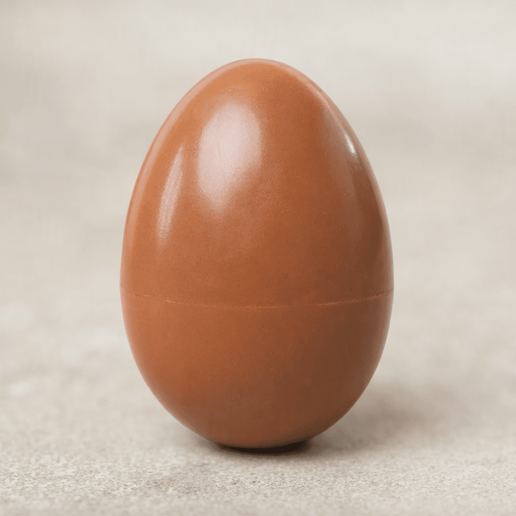 A small, egg-shaped milk-chocolate confection with a smooth, glossy medium-brown surface and a fine seam around its middle.