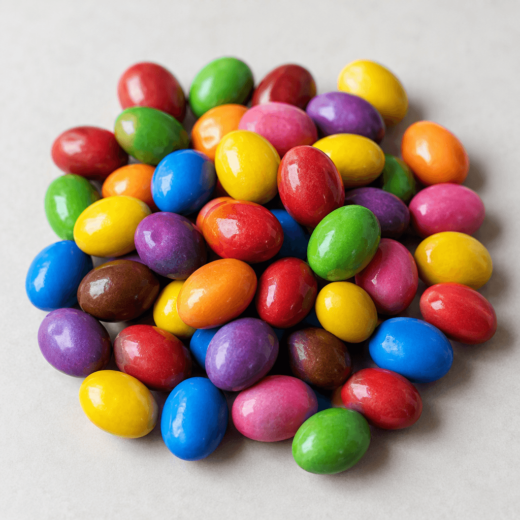 A scattered pile of small, smooth, oval chocolate dragees with shiny coatings in assorted bright colors.