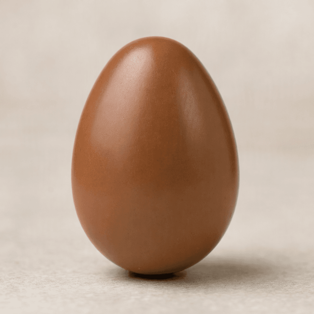 A small, smooth, milk-chocolate-brown egg with a gently tapered top and a faint sheen, shown by itself.