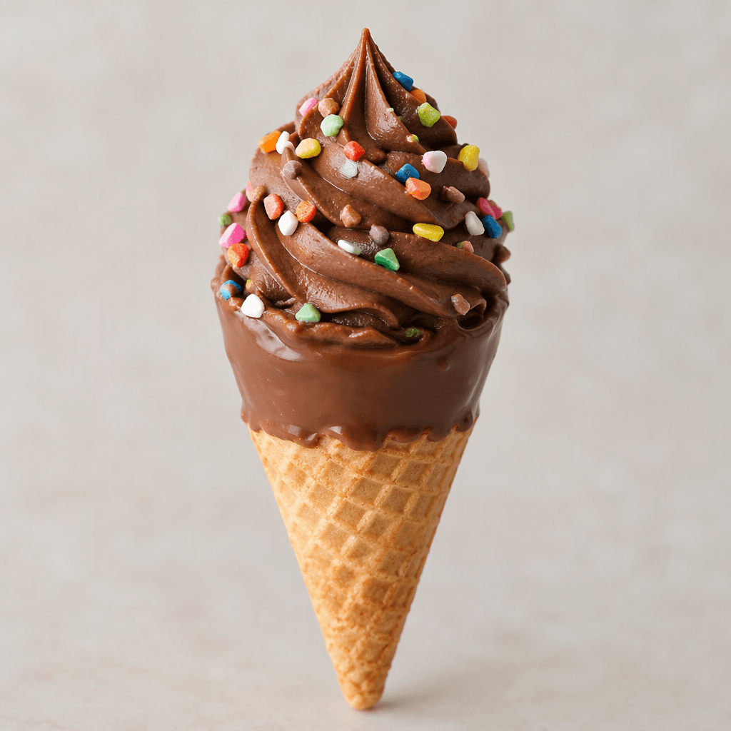 A small crisp wafer cone is coated in glossy milk chocolate and topped with a swirl of chocolate cream and tiny colorful sugar pieces.