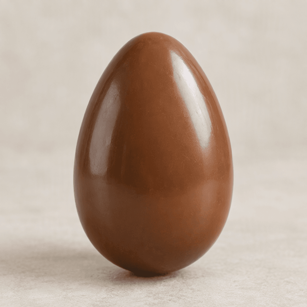 A smooth, glossy, egg-shaped milk-chocolate shell, shown whole with its rounded end slightly narrower than its base.