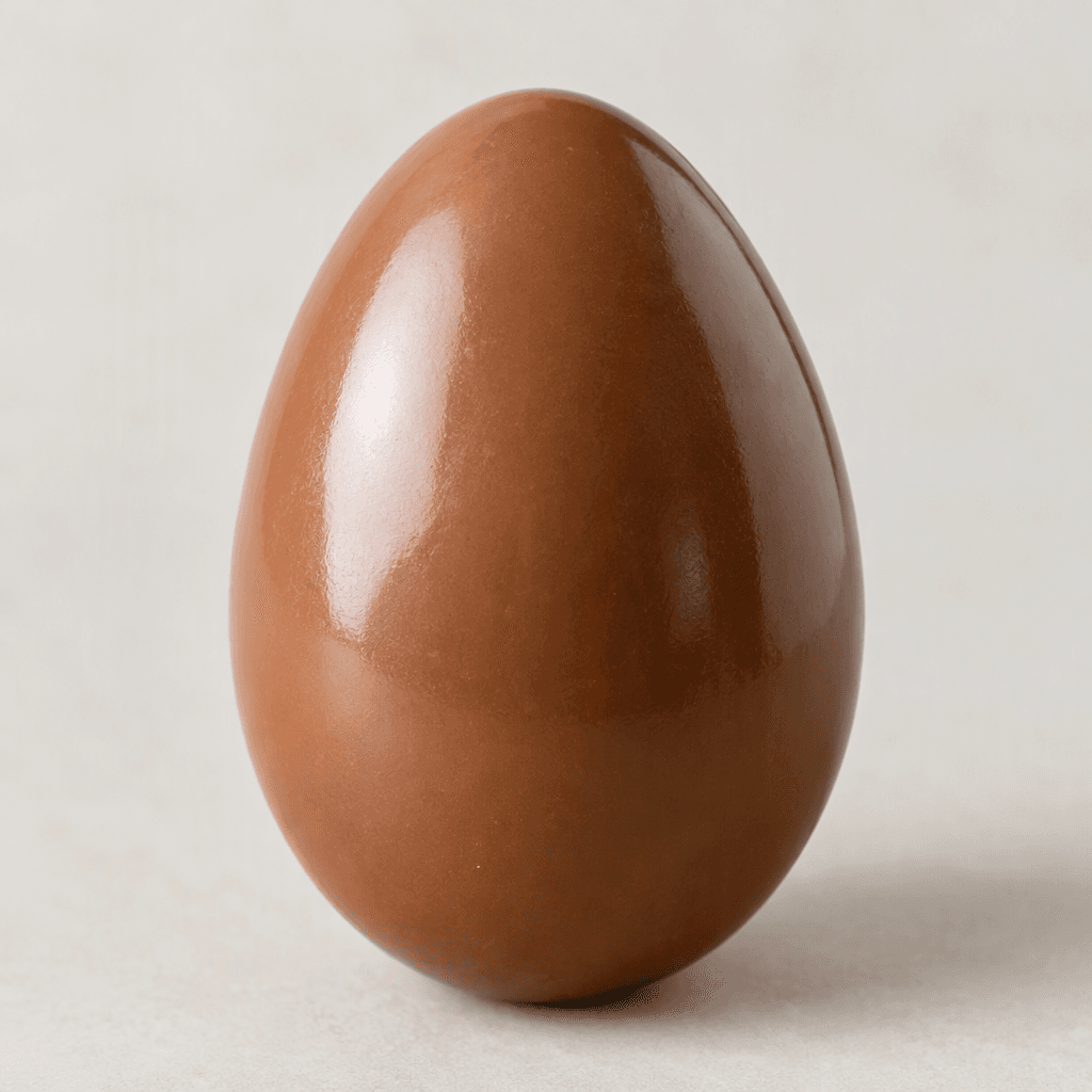 A smooth, glossy, oval egg-shaped piece of light-brown milk chocolate, shown on its own.