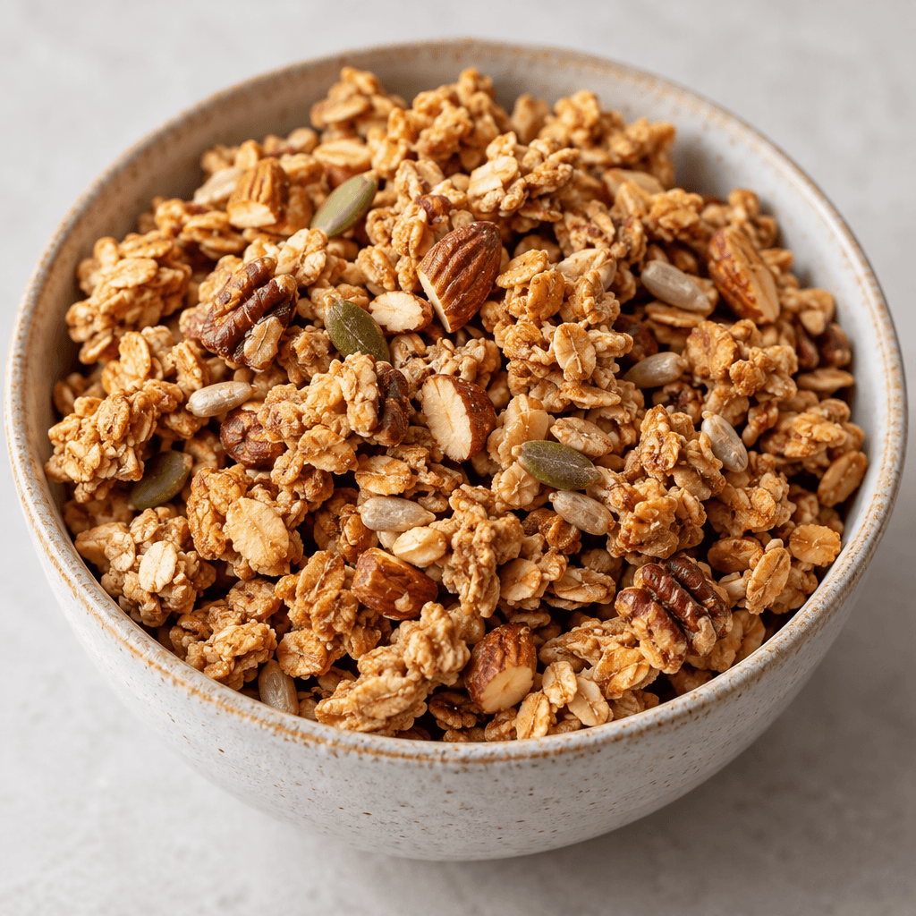 Bir kâsede, yulaf ezmesi parçaları ile kuruyemiş ve tohumların seçildiği, altın-kahverengi düzensiz granola kümeleri bulunuyor.