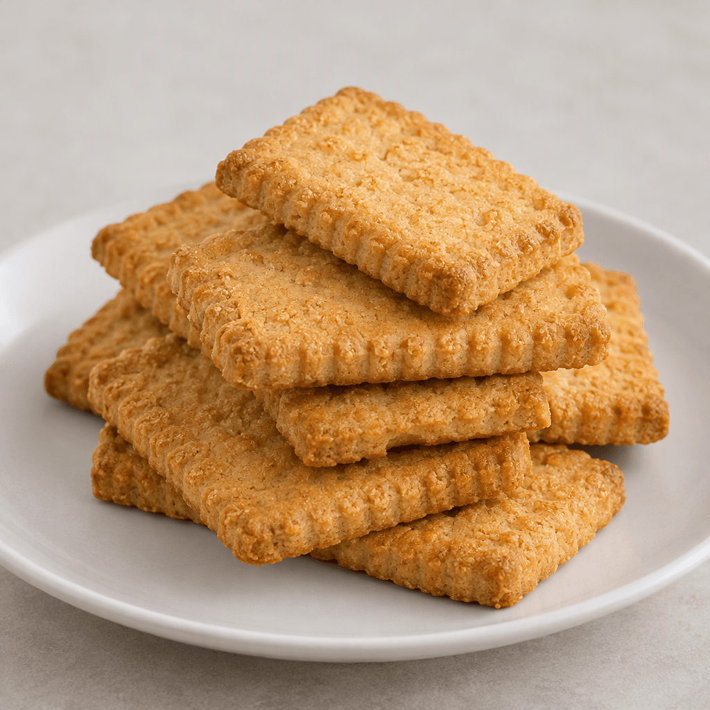 Several small, crisp, golden-brown biscuits with lightly textured surfaces and neatly defined rectangular edges are stacked on a plain plate.